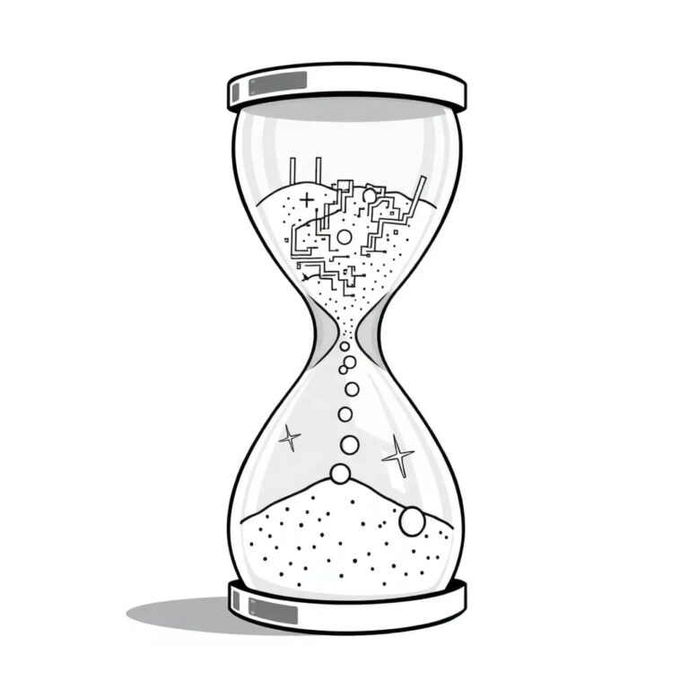 A digital hourglass with shifting, morphing sand that transforms into pixelated faces and circuit patterns