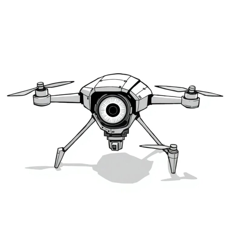 A shattered drone with a mechanical eye that flickers between a surveillance camera lens and a blank, reflective surface.
