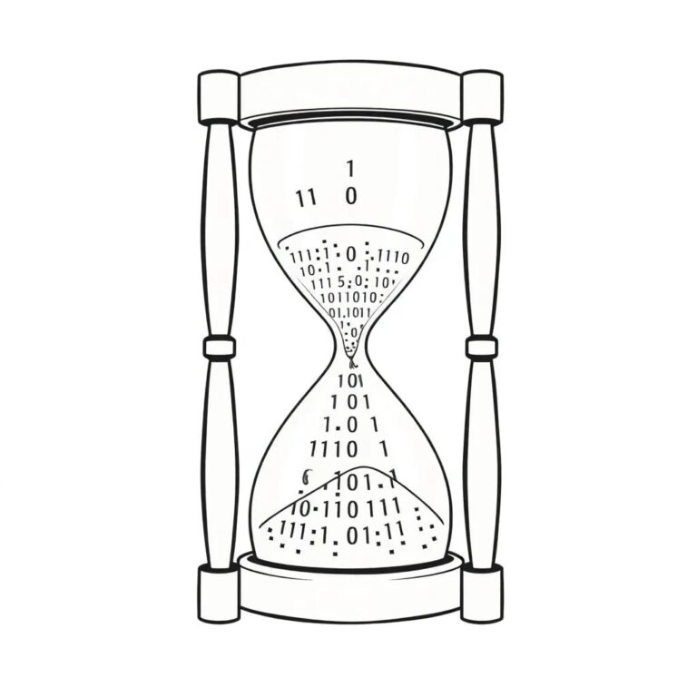 A futuristic hourglass filled with binary code instead of sand