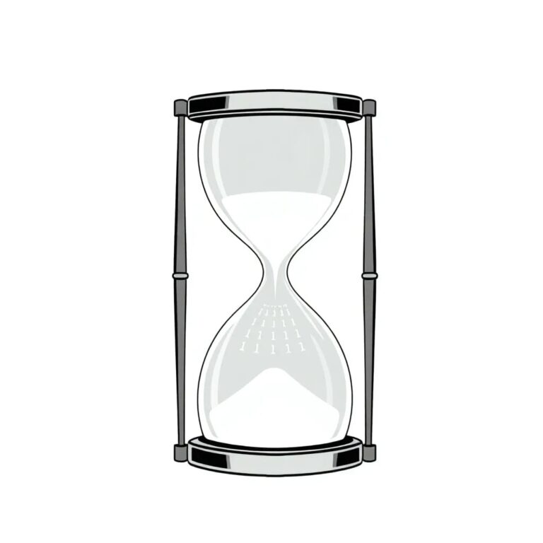 A digital hourglass with binary code flowing between the upper and lower bulbs