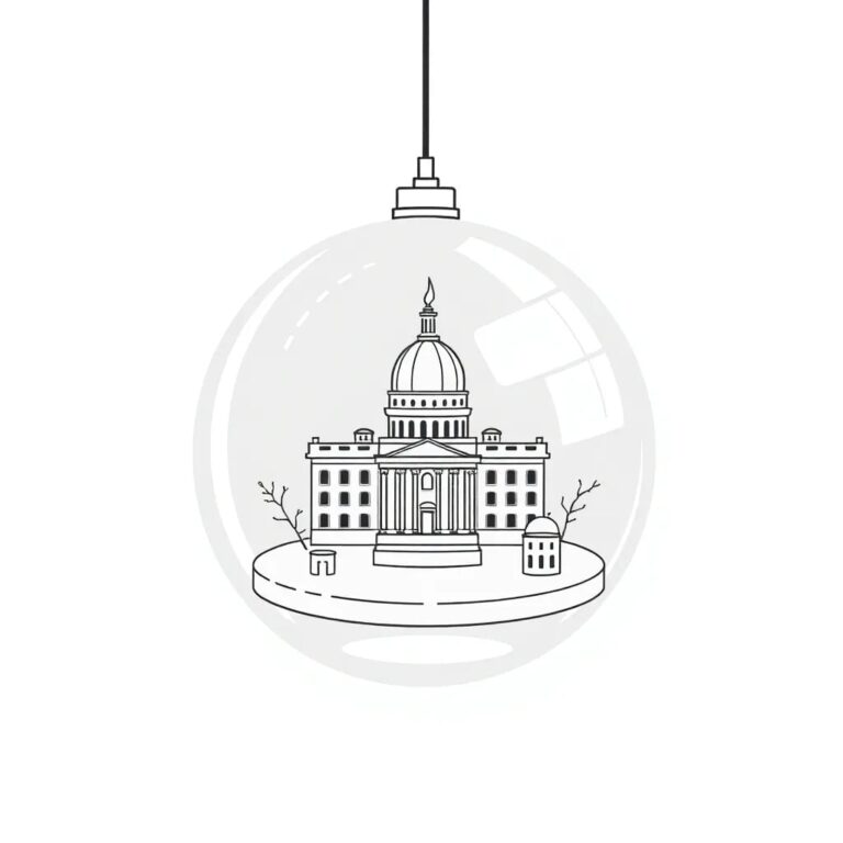 A futuristic, transparent AI neural network model suspended in a glass dome, with a miniature White House at its core and tiny, glowing congressional chambers orbiting around it.