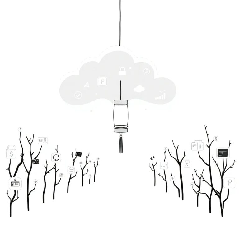 A futuristic, transparent AI-driven cloud-shaped lantern that illuminates a path through a digital forest of interconnected financial icons