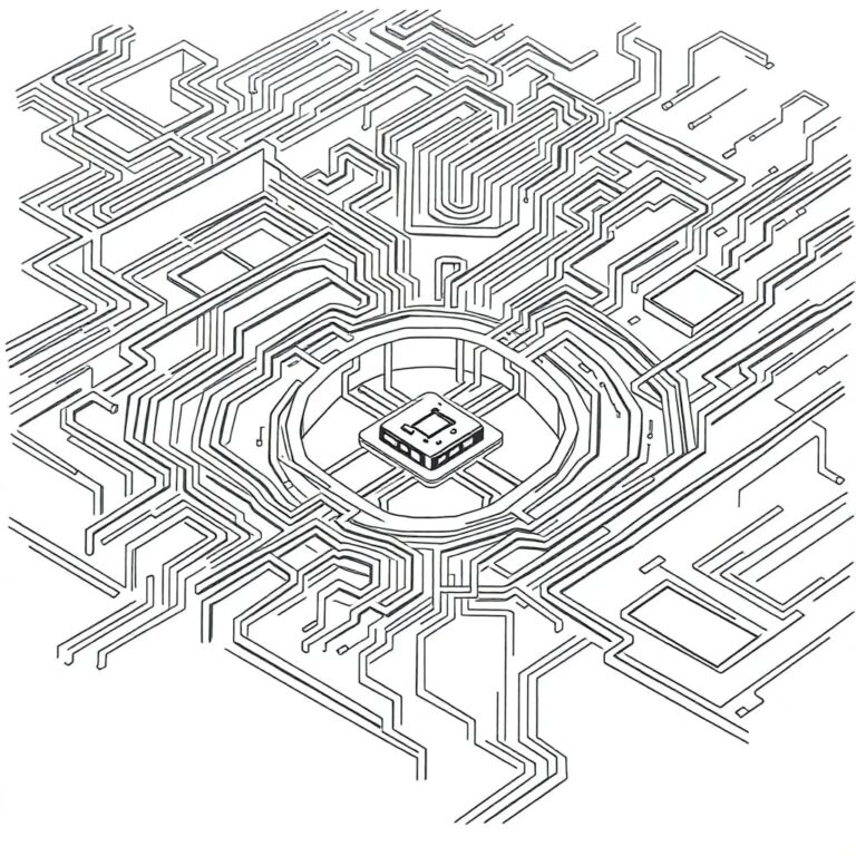 A labyrinthine maze constructed from interwoven circuit boards, with a small, glowing AI chip navigating its paths
