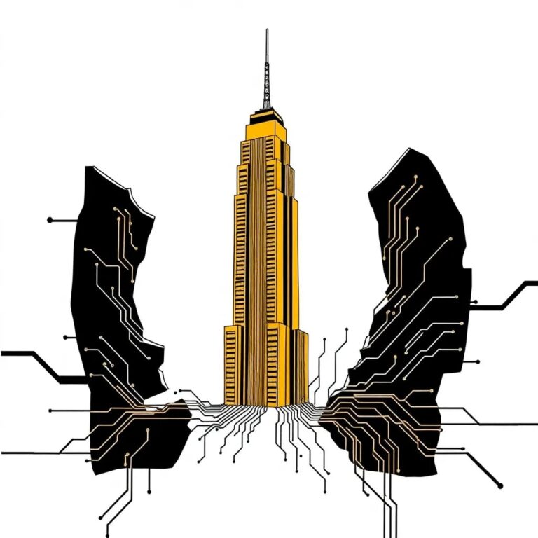 A shattered digital circuit board with a golden, gilded Trump Tower skyscraper rising from the center