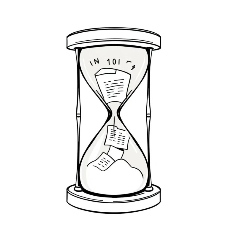 A digital hourglass filled with binary code and legal documents
