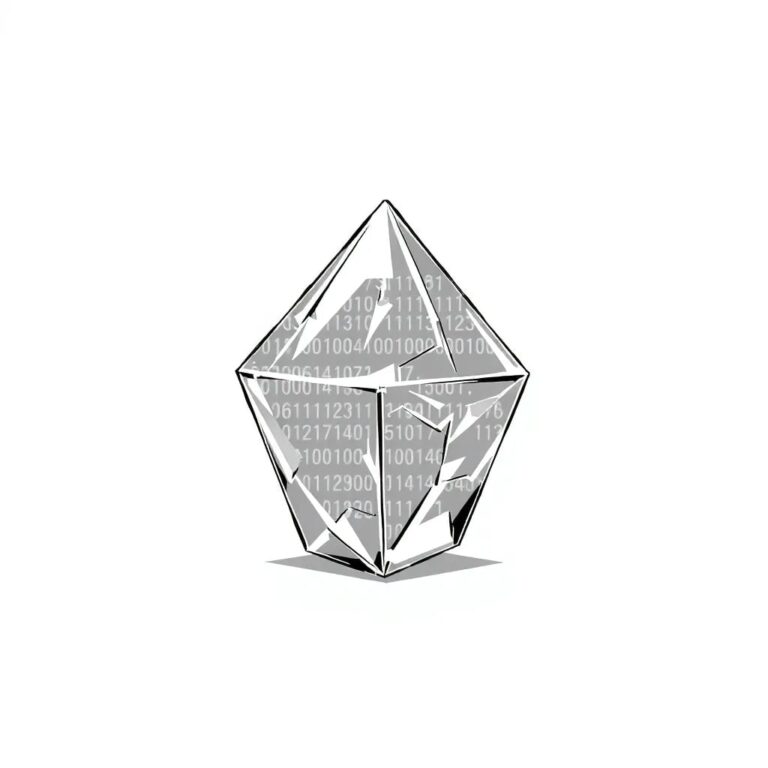 A shattered glass prism reflecting a digital code pattern