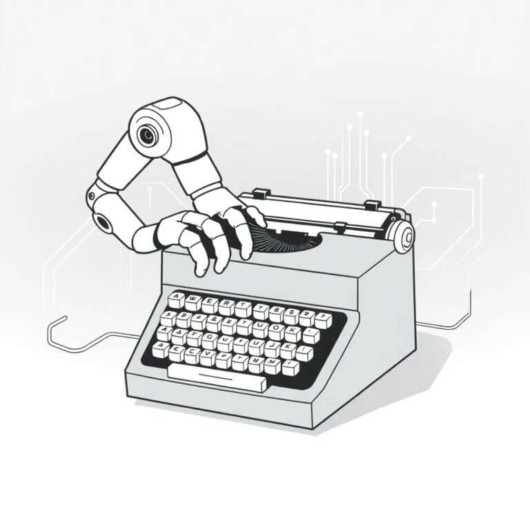 A vintage typewriter with a robotic arm typing on its own, surrounded by a glowing digital circuit board