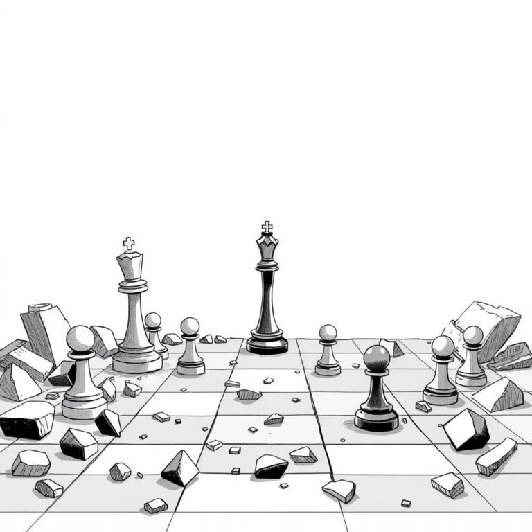 A shattered chessboard with AI-driven rooks and pawns standing amidst the ruins
