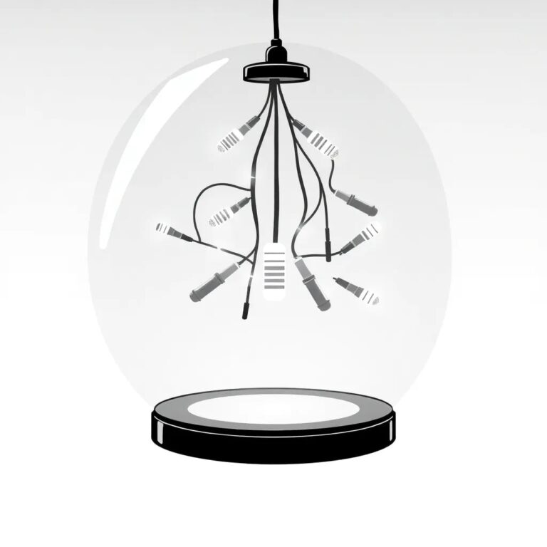 A glowing, interconnected web of microphones suspended in a glass dome
