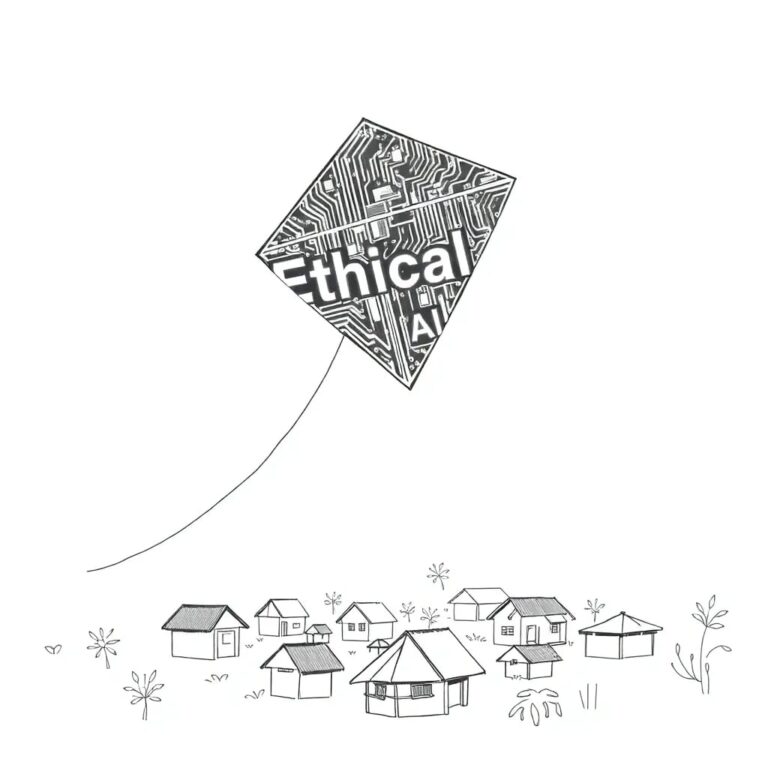A futuristic, intricately designed kite shaped like a circuit board, soaring above a traditional Indonesian village, with glowing LEDs that spell out 'Ethical AI' in both Indonesian and binary code.