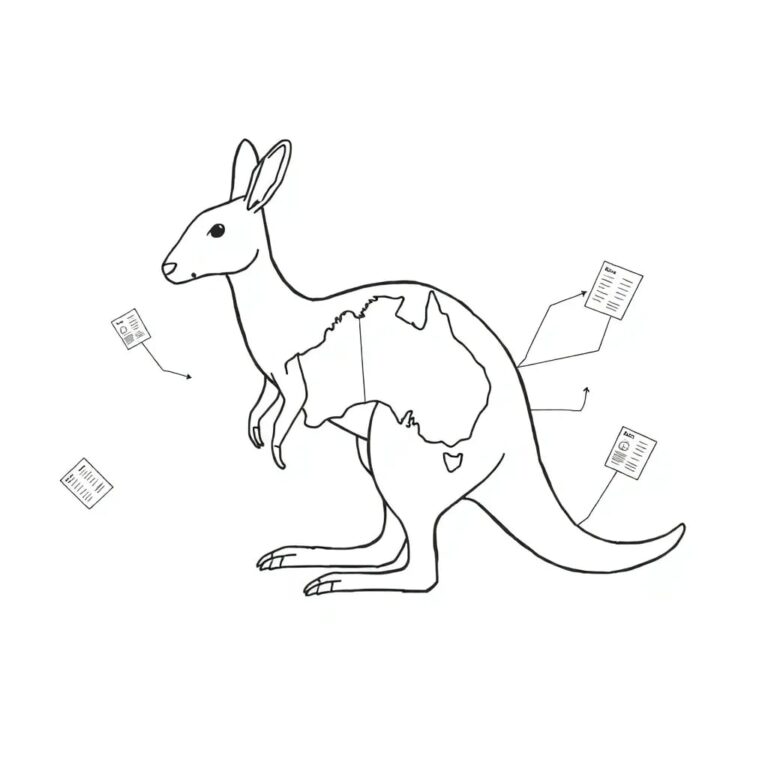 A kangaroo-shaped AI processor with a map of Australia etched into its surface, surrounded by a web of interconnected regulatory documents