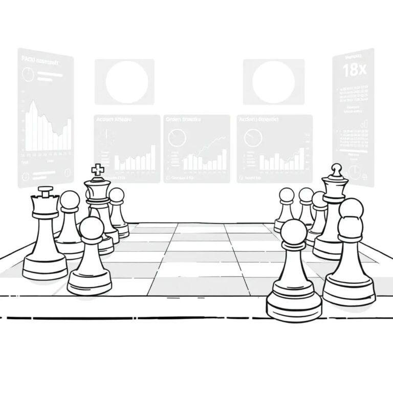 A chessboard with AI-controlled pieces playing against human-controlled pieces, where the board is a digital interface displaying real-time risk assessments.