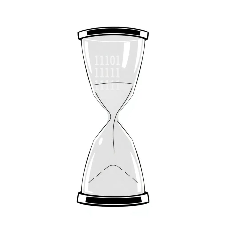 A futuristic, transparent hourglass filled with binary code instead of sand, with a traditional legal tome as its base.