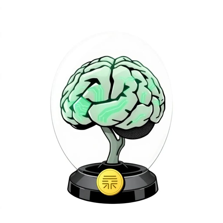 A futuristic, transparent AI brain encased in a glass dome, with a glowing green circuit pattern pulsating gently, and a small, golden certification badge affixed to its base.
