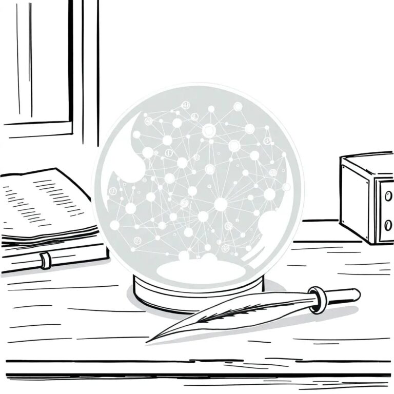 A futuristic, transparent glass orb filled with swirling, glowing algorithms, placed on a vintage wooden desk with a quill pen resting beside it.