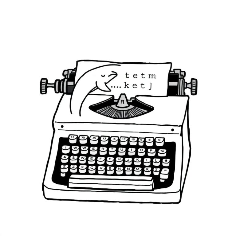 A vintage typewriter with a dolphin-shaped key that, when pressed, types out lines of code instead of letters.