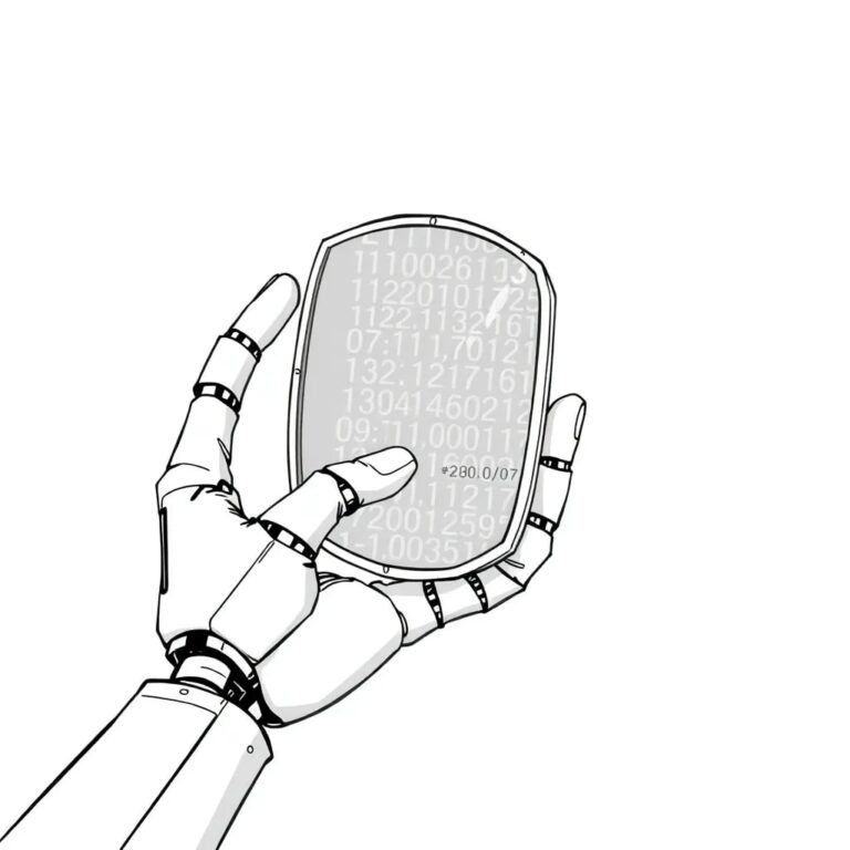 A robotic hand gently holding a mirror reflecting a complex, ever-changing algorithmic code