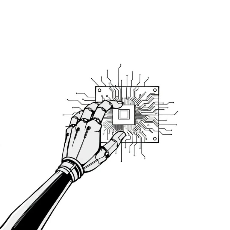 A fractured digital circuit board with a robotic hand reaching out to touch it