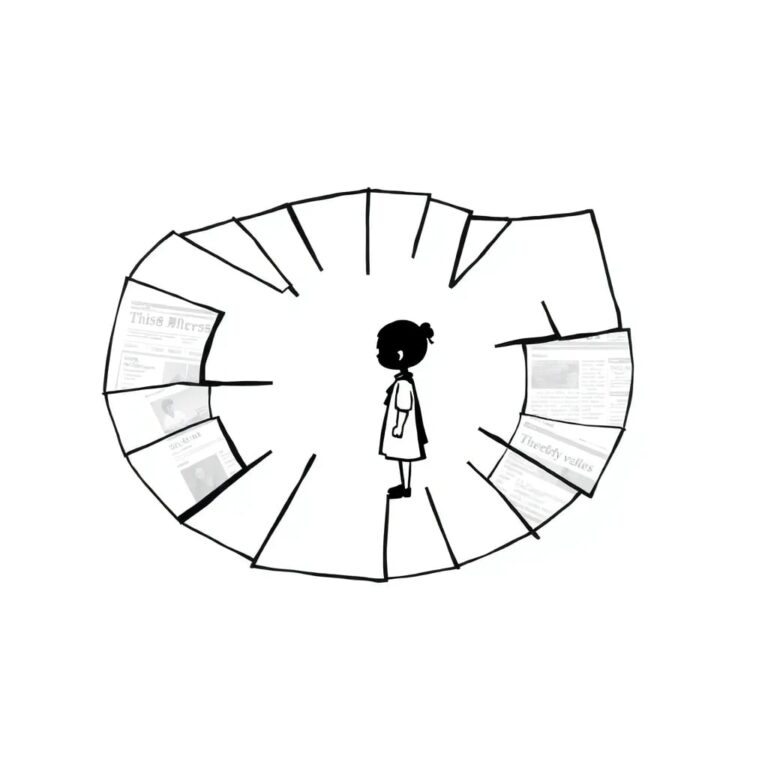 A shattered digital mirror reflecting fractured news headlines and a child's silhouette