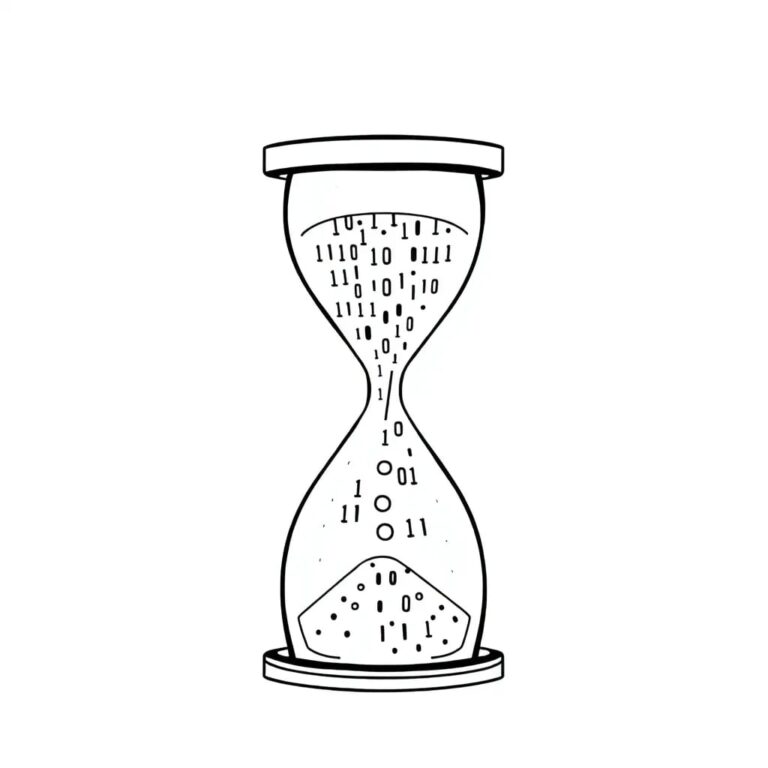 A digital hourglass with flowing binary code instead of sand