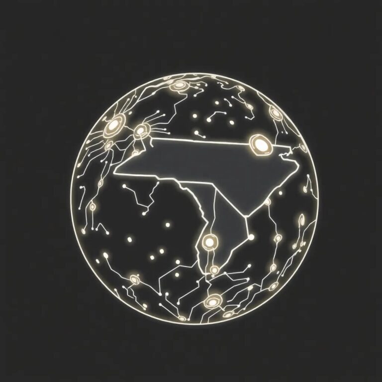 A glowing, interactive globe with circuits and neural networks etched into its surface, displaying real-time data on AI integration and ethical guidelines across North Carolina.