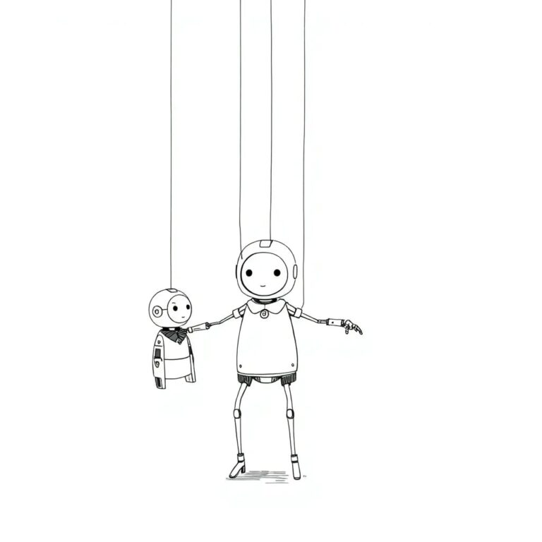 A cybernetic puppet with strings controlled by a Russian matryoshka doll