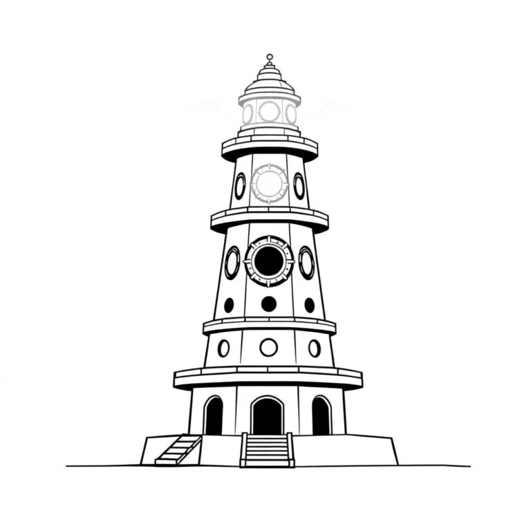 A futuristic, three-tiered lighthouse with a central AI core, each tier representing governance, innovation, and access, and a beacon that projects a dynamic, interconnected network of lights.