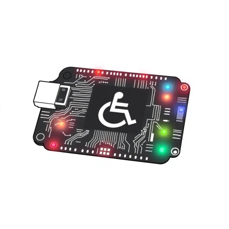 A stylized, open-source circuit board with a universal accessibility symbol integrated into its design, glowing softly with dynamic, multi-colored LEDs that adapt and change based on user interactions.