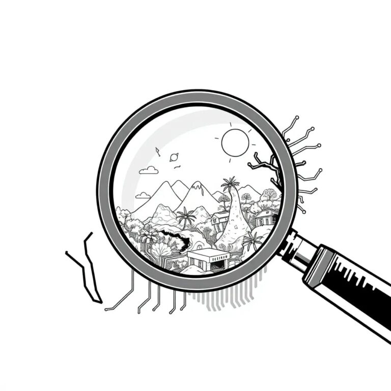 A magnifying glass with a circuit board handle, revealing a digital landscape filled with both vibrant, thriving ecosystems and areas of decay and corruption.