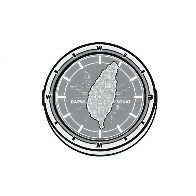A futuristic, intricately designed compass with a digital display that shows a constantly updating map of Taiwan, highlighting key AI development hubs and projects, with a glowing AI-inspired circuit pattern on its face.