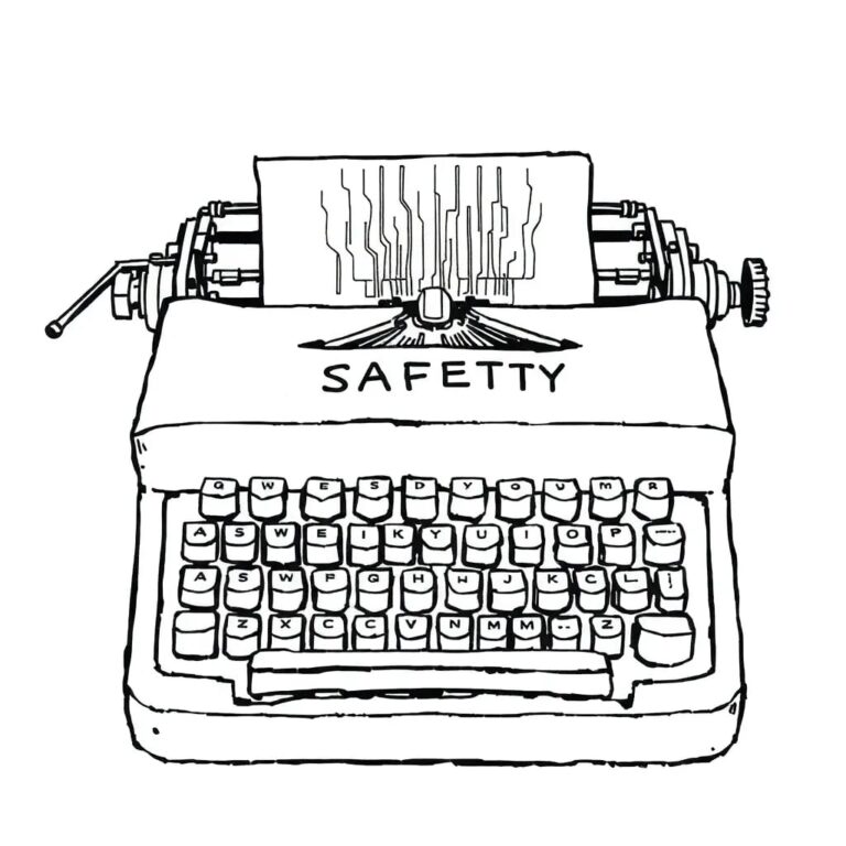 A rusted, outdated typewriter with a circuit board fused into its keys, frozen mid-stroke on the word 'SAFETY'