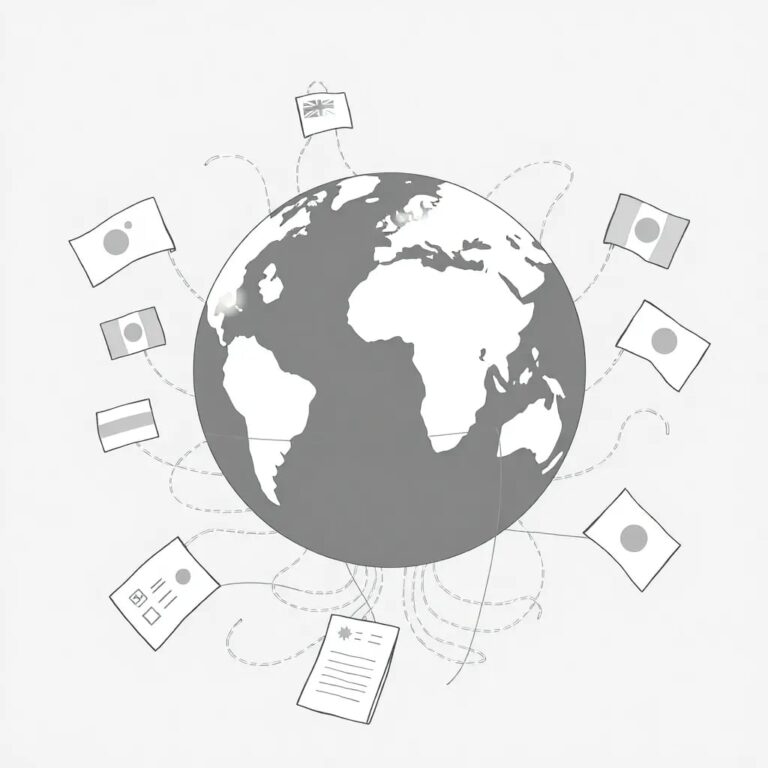 A digital globe with interconnected neural networks pulsating beneath its surface, surrounded by a web of international flags and regulatory documents