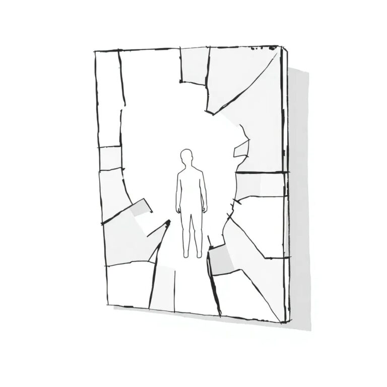 A shattered digital mirror reflecting a fragmented, pixelated human figure