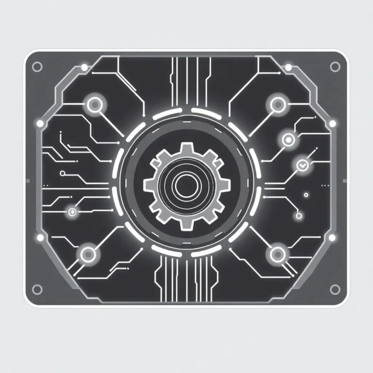 A futuristic, transparent AI control panel with glowing, interconnected circuits and a central, rotating gear that represents the dynamic and adaptive nature of AI governance.