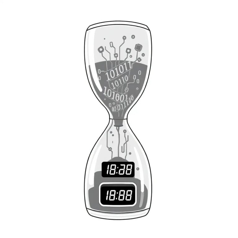A futuristic, transparent hourglass filled with swirling binary code and microchips, with a digital countdown timer embedded in the base.