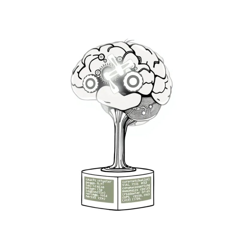 A glowing, intricately wired brain sculpture with gears and circuits visible through its transparent cranium, standing on a pedestal that displays a dynamic, ever-changing code stream