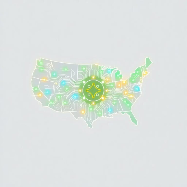 A glowing, intricately wired circuit board shaped like the United States, with green LEDs representing renewable energy sources and blue LEDs symbolizing data centers, all integrated with a dynamic, pulsating AI core at the center.