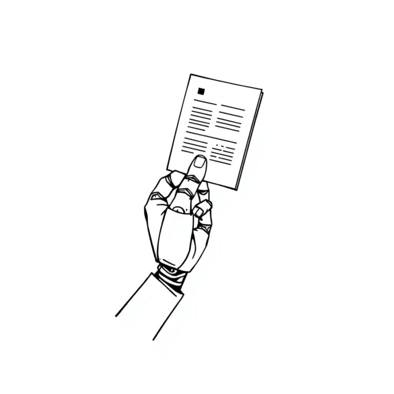 A robotic hand holding a digital contract that glitches and reforms in a continuous loop