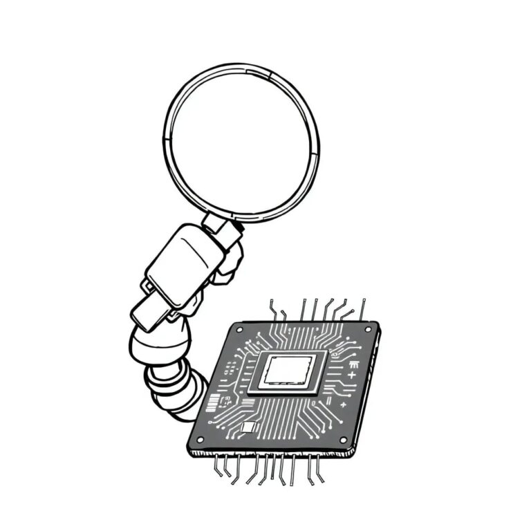 A robotic arm holding a magnifying glass over a digital circuit board