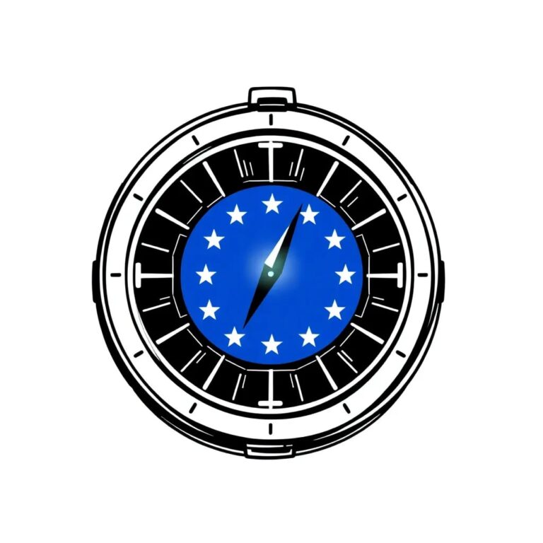 A digital compass with a holographic EU flag and AI circuitry