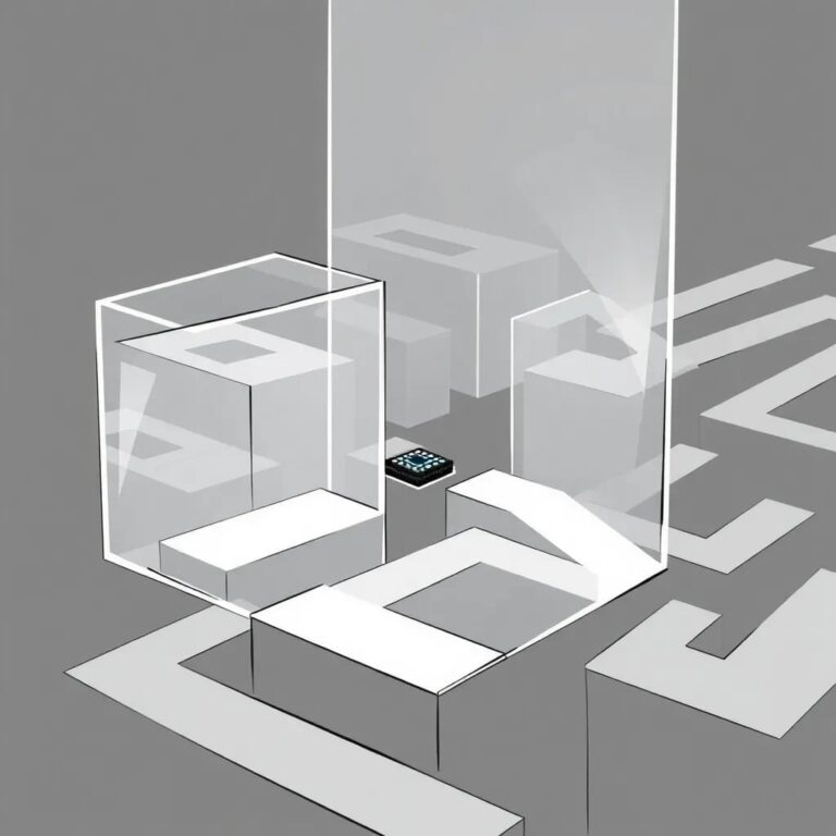 A glass maze with a tiny, glowing AI chip navigating its paths