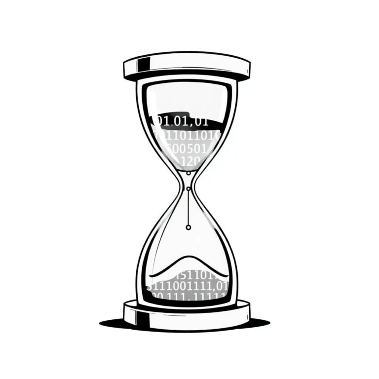 A futuristic hourglass filled with binary code instead of sand