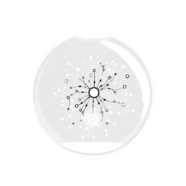 A futuristic, transparent glass orb containing a swirling, digital constellation of interconnected nodes and circuits, with a subtle, pulsating glow.