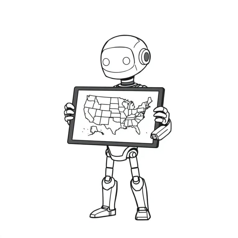 A futuristic, multi-armed robot holding a digital tablet displaying a map of the United States with interconnected neural networks