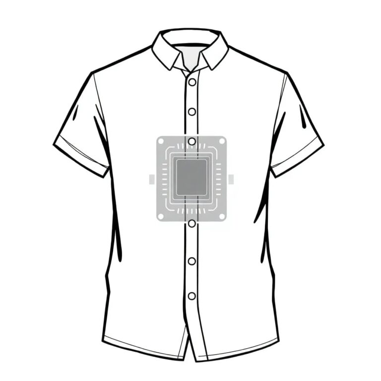A futuristic, transparent AI chip embedded in a traditional Filipino Barong Tagalog shirt