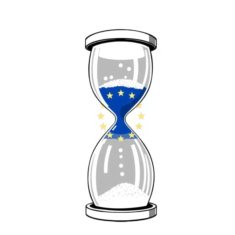 A digital hourglass with glowing sand representing data packets, encased in a transparent EU flag