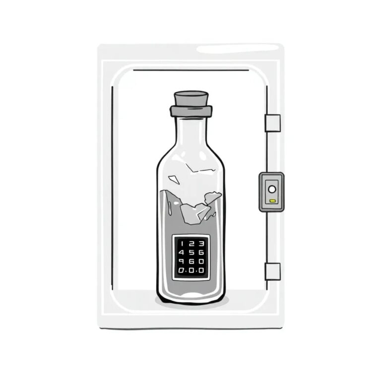 A shattered glass vial containing a glowing, ethereal liquid, encased in a transparent, high-tech lockbox with a digital keypad and a small, blinking LED light.