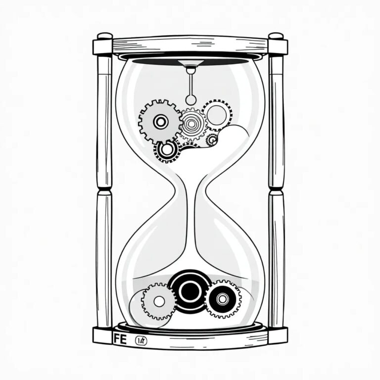 A meticulously crafted hourglass with gears and cogs inside, where the sand flows through a series of intricate, transparent tubes and chambers.