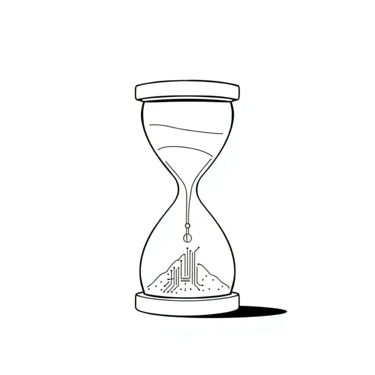 A shattered hourglass with digital sand flowing into a circuit board