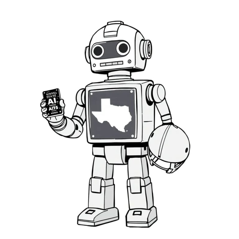 A vintage toy robot with a state-shaped shield emblazoned on its chest, holding a tiny, glowing AI circuit board in one hand and a child's safety helmet in the other.